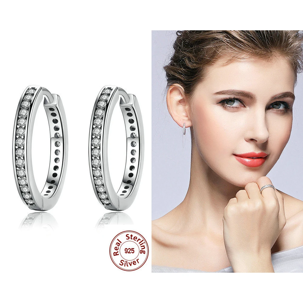 

High Quality 925 Sterling Silver Earring Retro Round Zircon Eternity Hoop Earrings for Women Simple Pattern Designed Jewelry