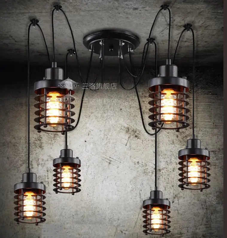 Vintage Wrought Iron Pendant Lamp Restaurant Hanging Lights 6 heads Edison bulb Industrial Lighting Free shipping PV003