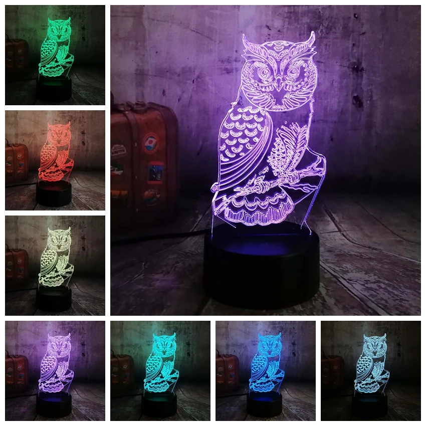  Novelty 3D Owl LED Night Light 7 Color Change Desk Table Lamp Home Bedroom Decor Child Kids Baby Sl