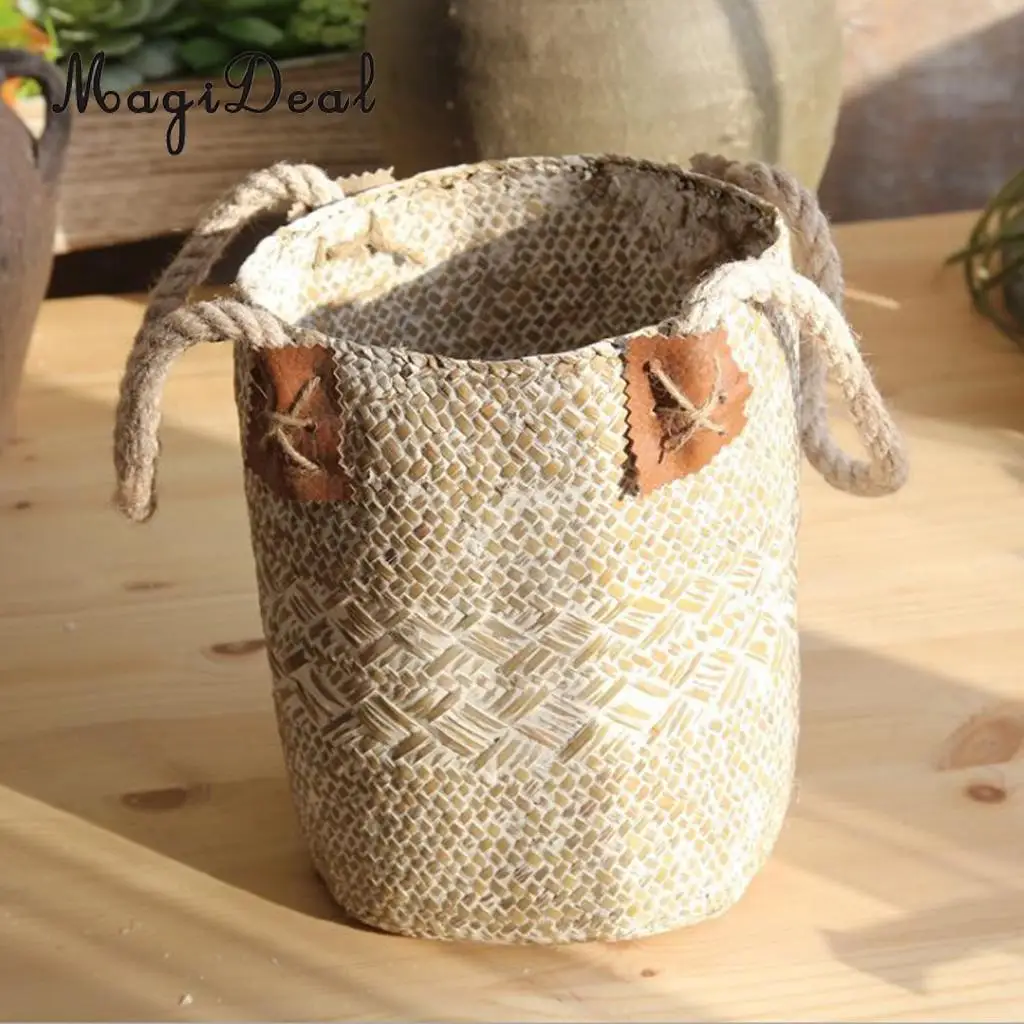 Hand Woven Storage Basket Garden Indoor Planter Pot Vase Holder Box Bin Case Storage Organizer Bag