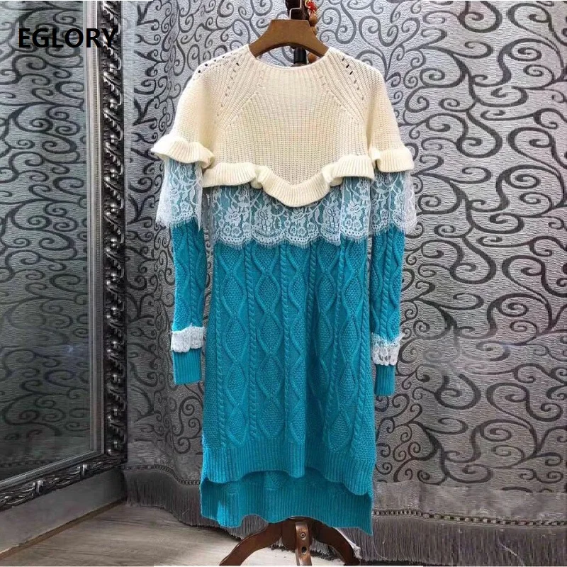 

Long Sleeve Sweater Dress 2019 Autumn Winter Fashion Wool Knitted Dress Women White Lace Patchwork Ruffle Pullover Dress Jumper