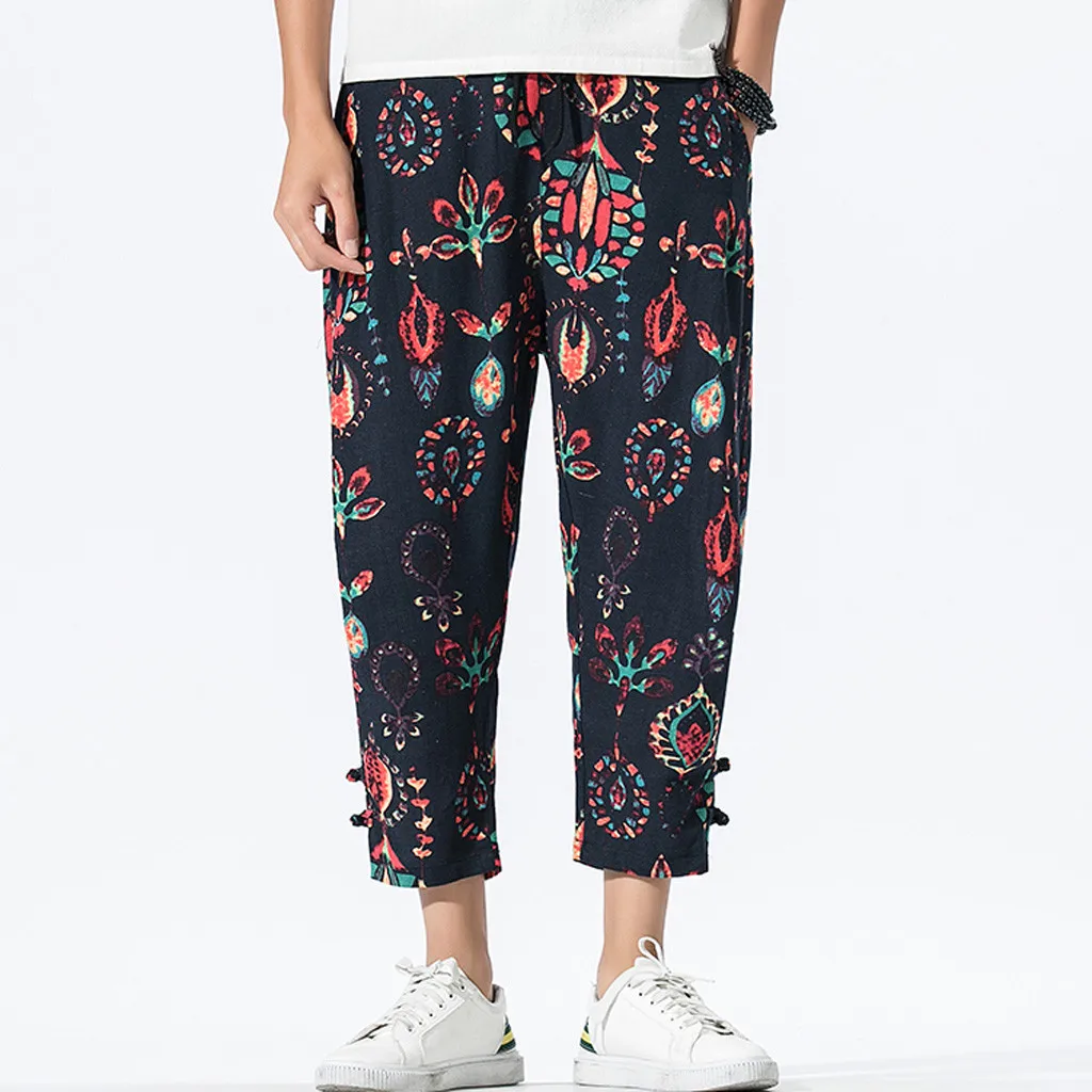 Pantalones hombre 2019 мужские повседневные винтажные свободные хлопковые льняной с принтом лоскутные брюки до щиколотки calca masculina