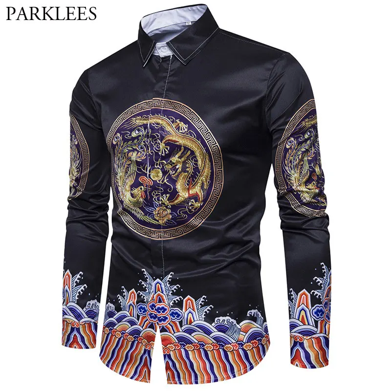 Chinese Dragon Printed Men Shirts Slim Fit Long Sleeve Chemise Homme