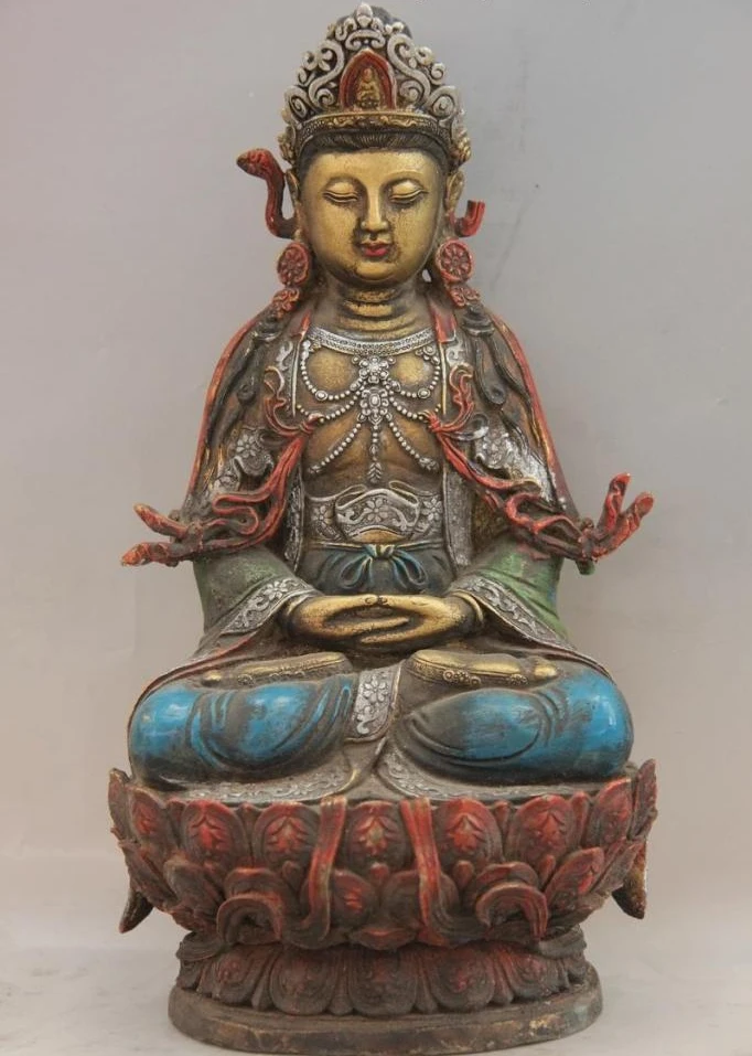 

Tibet Copper Bronze Color Painted Amitayus Bodhisattva Guanyin Kwan-Yin Statue