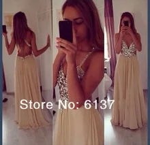 2016 neue Sexy Spaghetti-trägern V-ausschnitt Champagne Chiffon Crytal Lange Abendkleider Bodenlangen Open Back Prom Kleider F & M1014