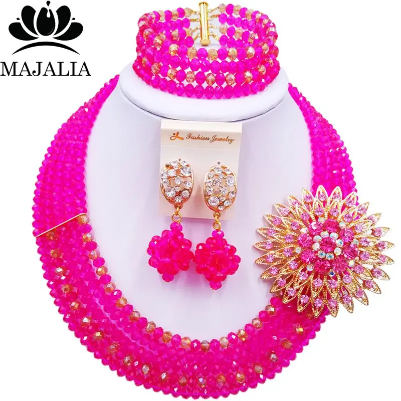 

Majalia Fashion Classic Nigeria Wedding African Beads Jewelry Set Hot pink Crystal necklace Bridal Jewelry Sets 5ST0033