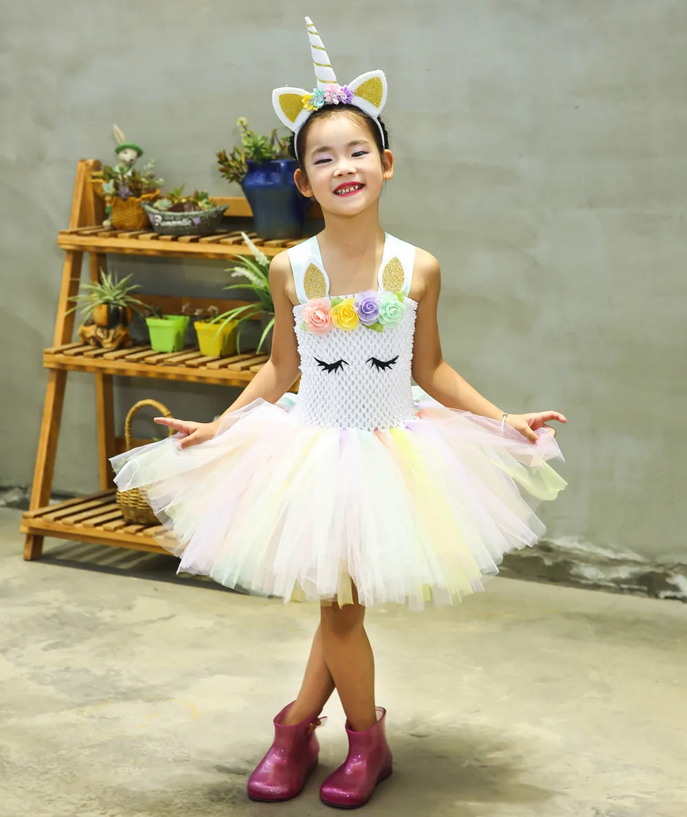 

2019 Girls Unicorn Rainbow Dress Strapless Ball Gown For Birthday Party Wedding