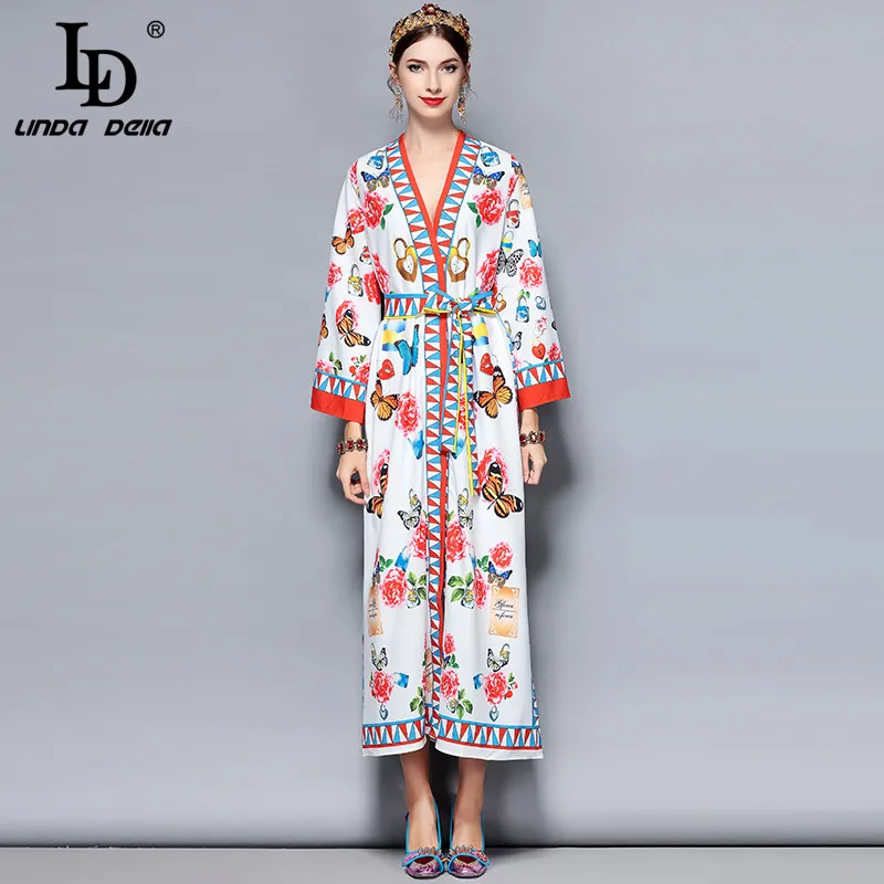 

LD LINDA DELLA Spring Fashion Designer Maxi Dress 3XL Plus size Women's Elegant Belt Butterfly Floral Print Loose Long Dress