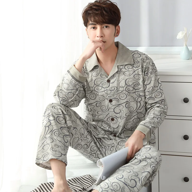 Plus Size 4XL Knited Cotton Pajama Sets Spring Autumn Print Pijama Men