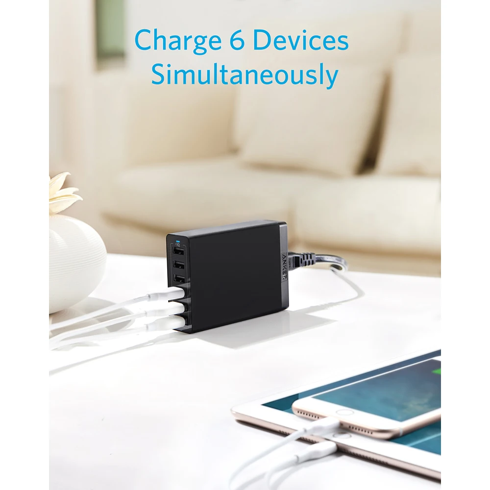 Cargador de pared Anker USB 60W 6 puertos USB estación de carga PowerPort 6 cargador Multi USB para