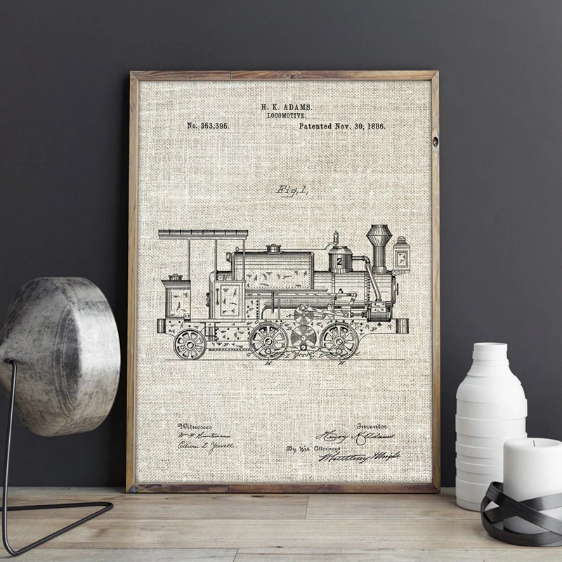 Поезд Инженер патент принты локомотив произведение искусства стены искусства автомобиля плакат комнаты декор чертеж холст живопись картина идея подарка