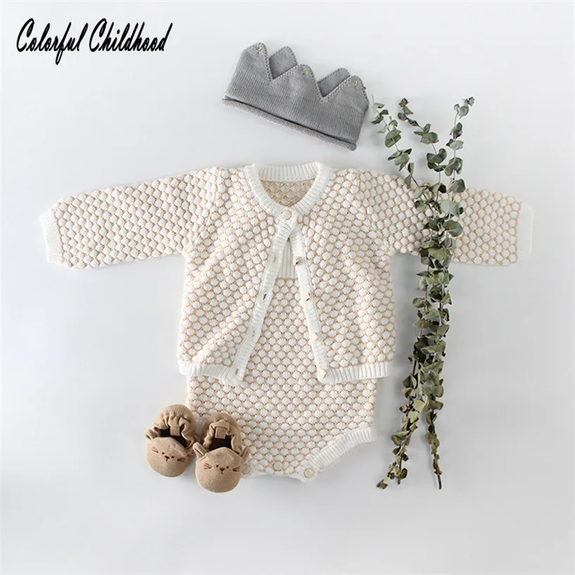 

2018 New Baby Clothing Set Solid Knitted Cardigan Coat+Condole Belt Bodysuit 2 Pieces Sets Infant Toddler Kid Tops Wearcoat Sets