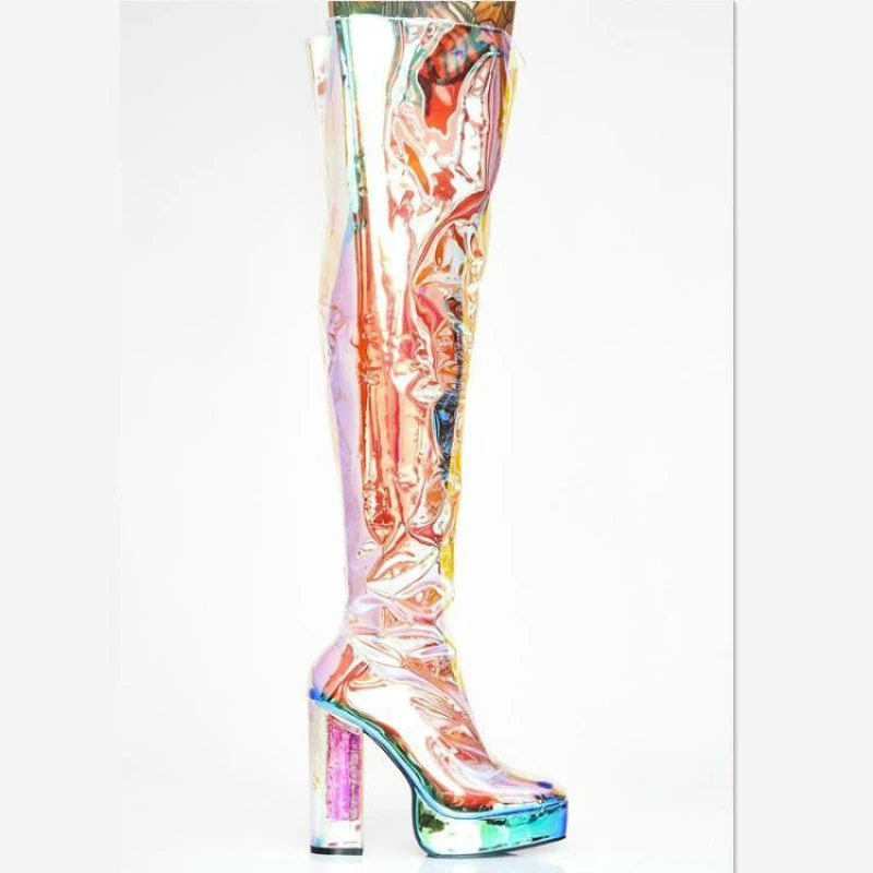 Botas de verano alta de muslo transparente para mujer botas altas de cintura extrema con plataforma colorida 2019 botas largas de tacón alto de pasarela|Botas sobre la rodilla|