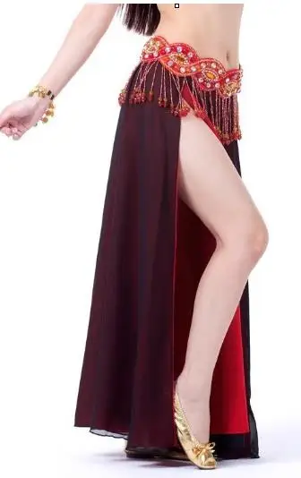 Костюм для танца живота шифоновая юбка для танца живота 2 боковыми разрезами юбка пикантные Для женщин живота юбка для танцев профессиональный - Цвет: Black-Red