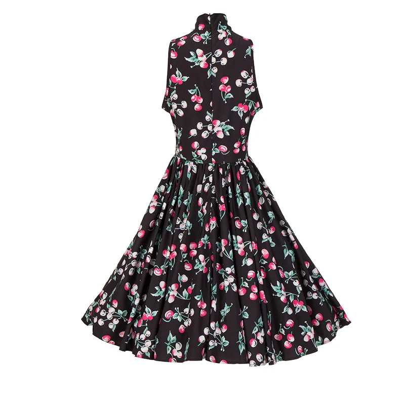 Cherry Print Women Vintage Mid Dress Bowtie Stand Collar Sleeveless