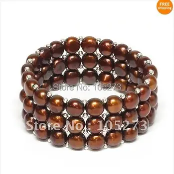 

Stretchy Chocolate Freshwater Pearl 3rows Bracelet Bangle AA 3-8MM Fashion Pearl Jewelry Wholesale New Free Shipping