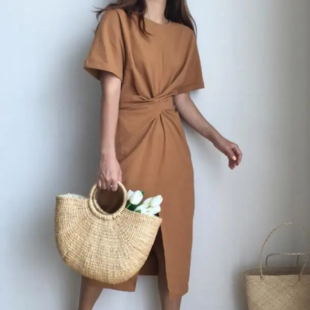 Summer Wrap Dress Women Loose Simple Casual Long Side Split Bandage  White/Green/Brown Korean Dress 2019 WF66|Dresses| - AliExpress