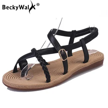 

BeckyWalk Black White Flip Flop Flat Sandals Women Shoes Summer Bandage Gladiator Sandals Concise Ladies Shoes for Beach WSH2814