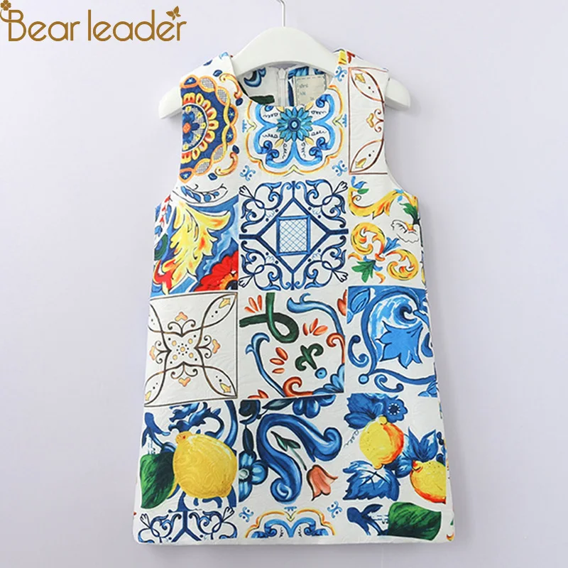 Bear leader/платья для девочек г. Новая модная одежда принцессы, пышные листья, цветочный узор, платья без рукавов для девочек от 3 до 8 лет