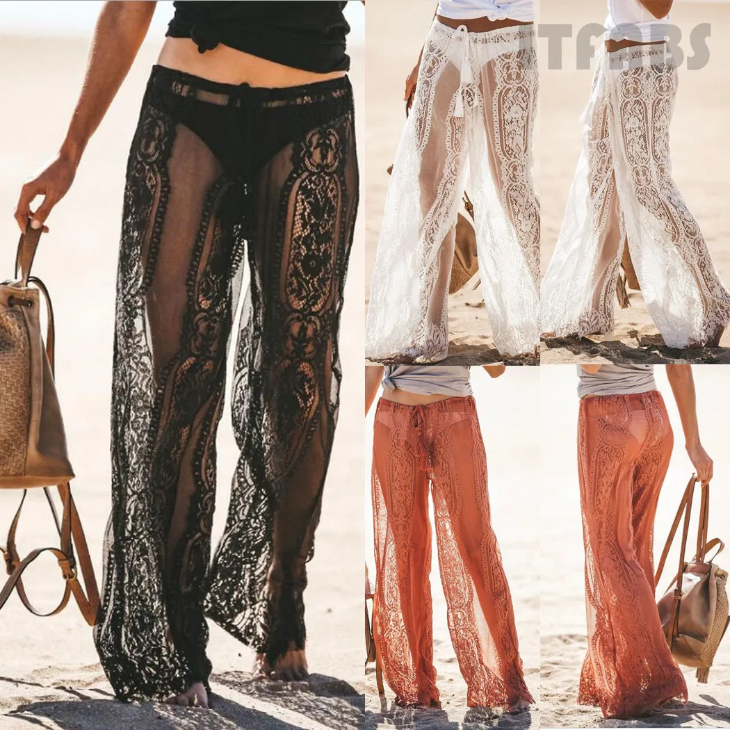New Women's Ladies Sexy Floral Lace Pants Beach Bikini Cover Up Trousers Chiffon See-Through Solid Swimming Costume