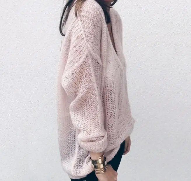Модный женский свободный свитер, мохеровые топы с глубоким v-образным вырезом, повседневные сексуальные базовые свитера, модный брендовый тонкий вязаный джемпер для женщин и девушек - Цвет: pink