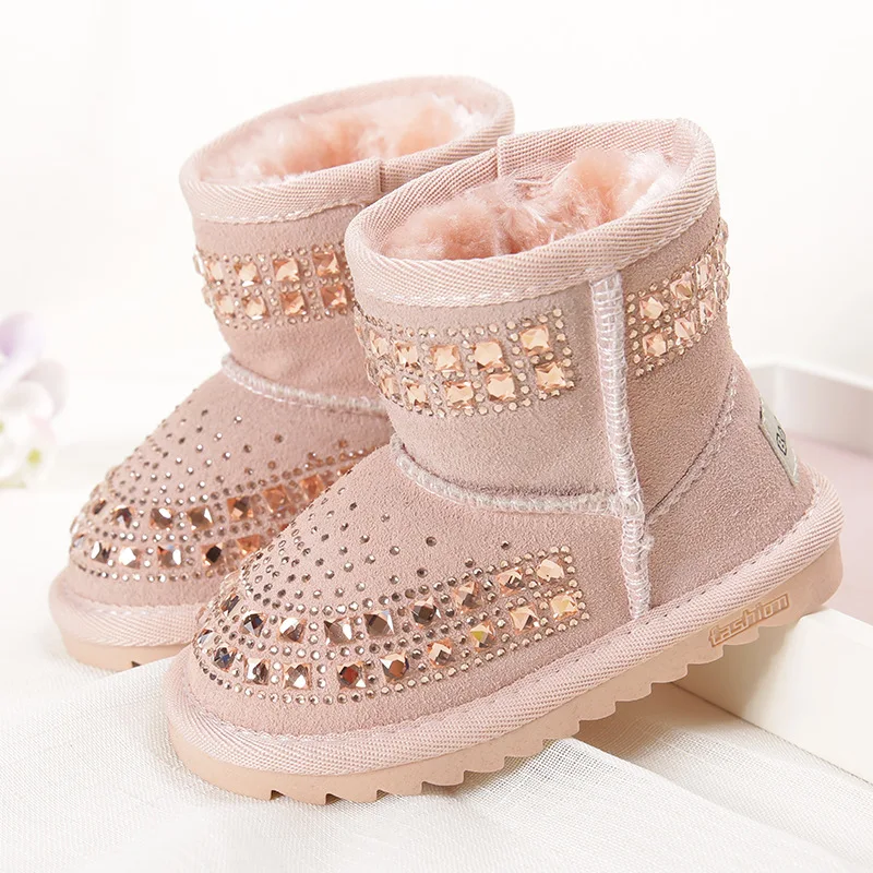 Шикарная кожаная обувь для детей; обувь Reihnstone; ботильоны принцессы; Botas; Цвет черный, розовый, фиолетовый; зимние ботинки для маленьких девочек