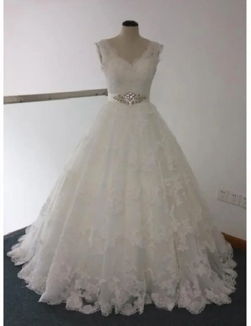 Real Photo Lace font b Wedding b font Dresses V Neck Sleeveless Crystals Belt Full Lace