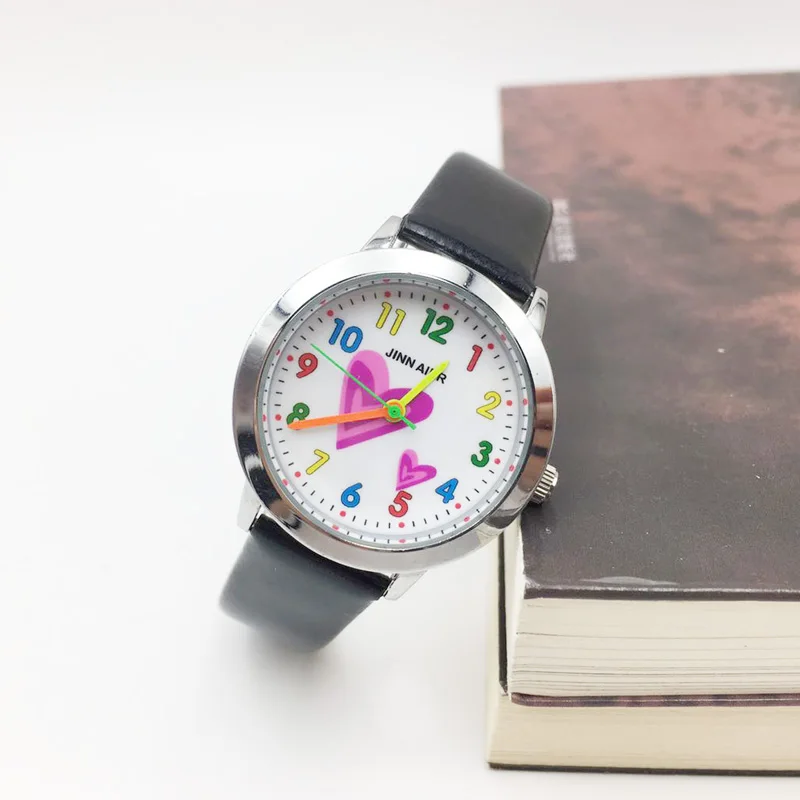 Милые часы для девочек, детские разноцветные аналоговые кварцевые часы с мультяшным сердцем, Детские Модные наручные часы с кожаным ремешком для студентов, женские подарки