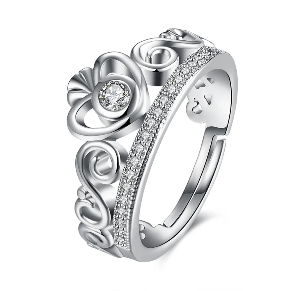 

ARUEL Romantic Heart Crown Love Jewelry Finger Rings Fashion White Gold Color Zircon Wedding Party Charm Open Cuff Rings Gifts