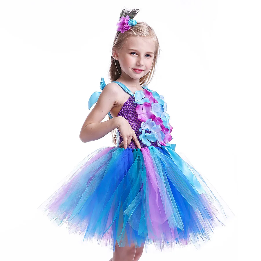 Girls Princess Peacock Flower Tutu Dress Children Handmade Purple and Blue Tulle (8)