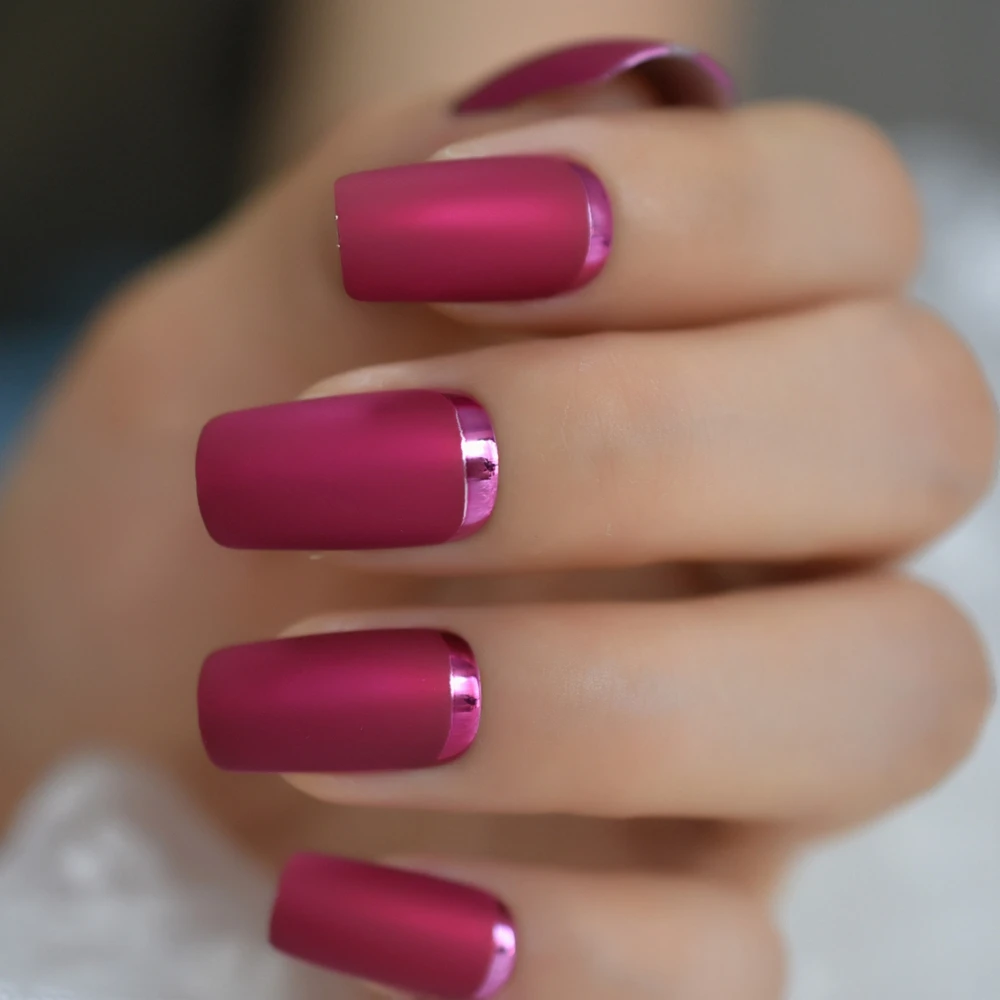 Тонкие квадратные накладные ногти матовые розовые красные с металлическим Moo среднего размера матовые искусственные акриловые ногти с клеем, стикер
