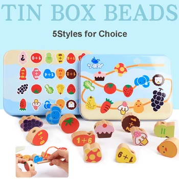 

Wooden Blocks Toys Cartoon Animals Fruit Block Wood Stringing Threading Tin Box Beads Game Education Toy for Baby Children
