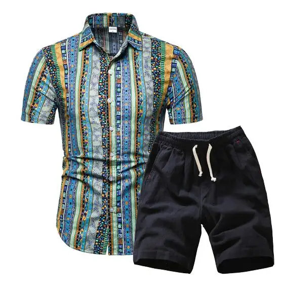 

Men Hawaii Holiday Summer Floral Blouse Shirt Top Suit Sets Black Pants 2PC 7 Colors