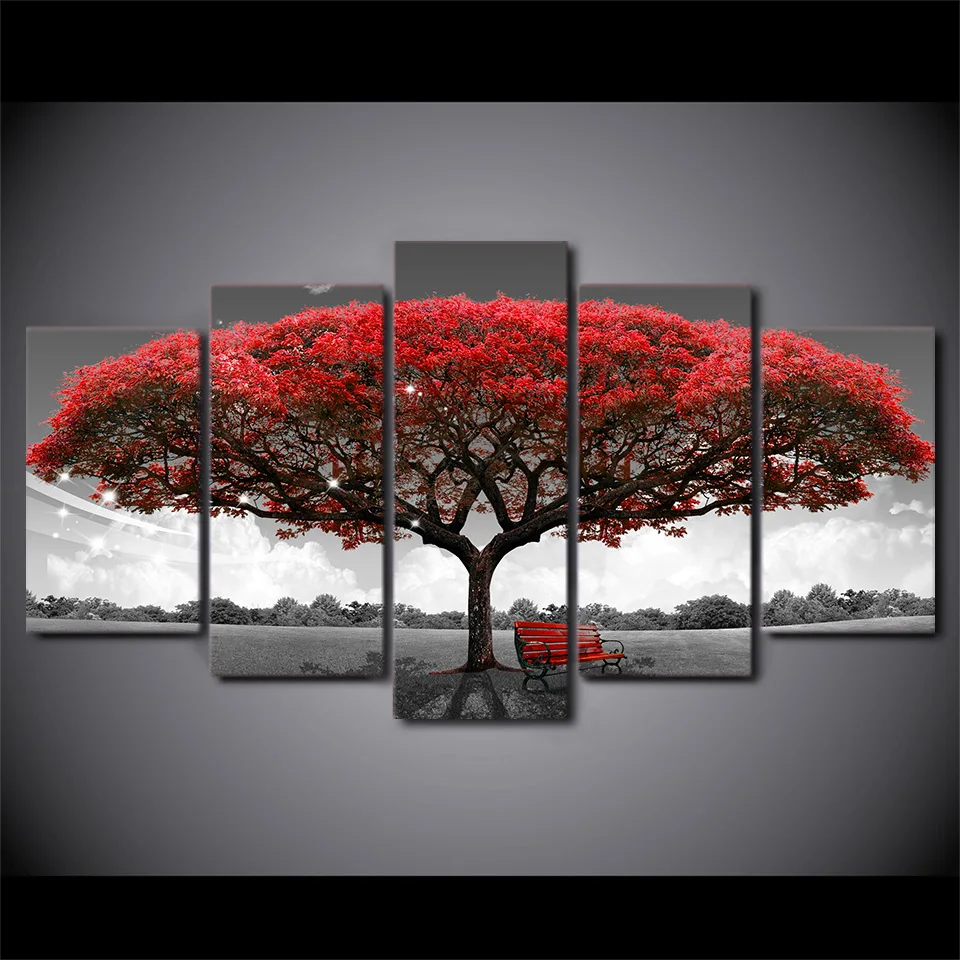 

5 Piece HD Printed Red Tree Black And White Framed Wall Picture Art Poster Painting On Canvas For Living Room Cuadros Vintage