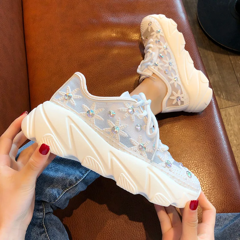 

2019 summer new fashion simple solid color mesh casual shoes women comfortable wild thick soles rhinestone decorative flat shoes