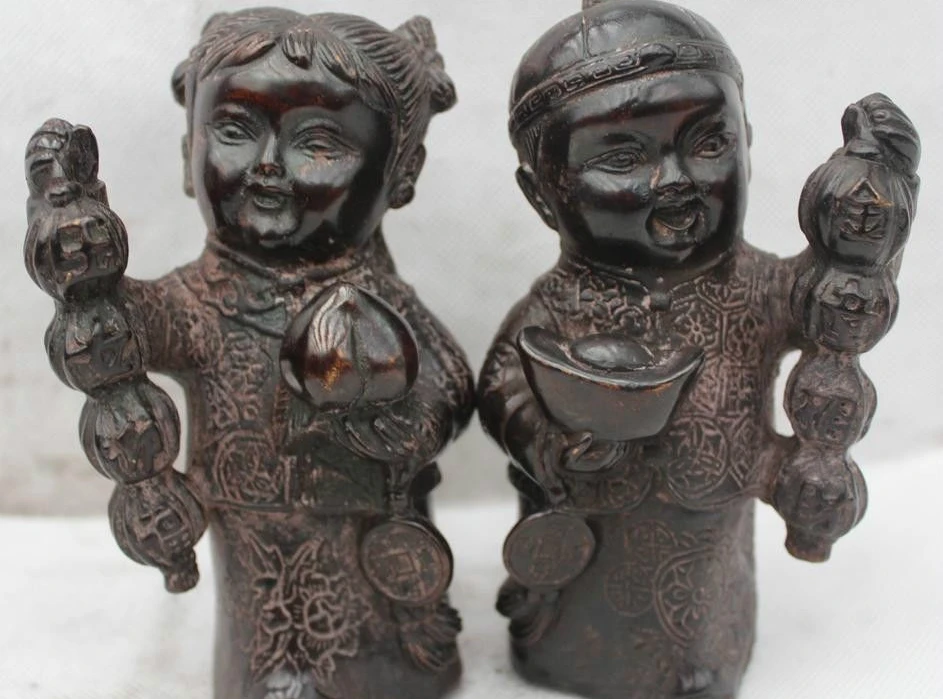 

6"Chinese Folk Feng Shui Bronze Lucky Lifelike Money drawing Boy Girl Statue