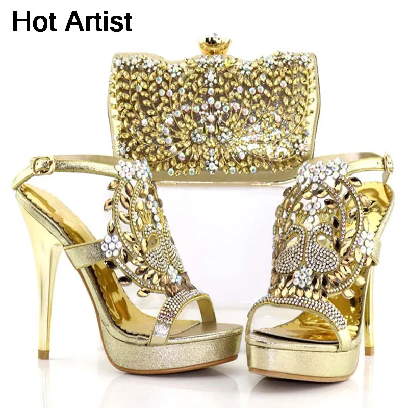 

Hot Artist New Arrival Italian Gold Shoes And Bag Set African Summer High Heels Shoes And Bag For Wedding Free Shipping TX-63