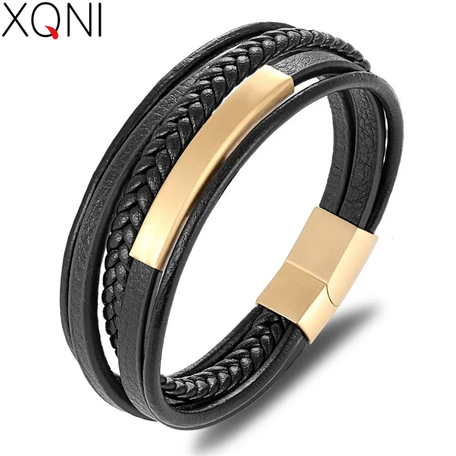 XQNI Wholesale Price Classic Genuine Leather Bracelet For Men Hand Charm  Jewelry Multilayer Magnet Handmade Gift For Cool Boys