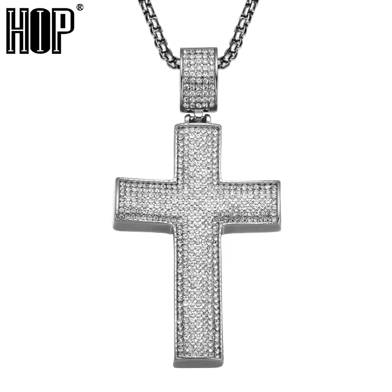 

HIP Hop Silver Color Iced Out Cross Necklaces Stainless Steel AAA CZ Stone Bling Necklace for Men Prayer Jewelry