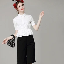 2016 Summer Hot Women 2 Piece Set Tops Fashion short-sleeved shirt+Loose wide leg pants Set Sexy Waist flounced