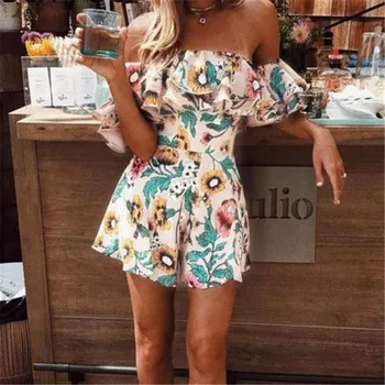 

Casual Playsuit Bodycon Party Polyester Rompers Trendy Women Romper Floral Bodysuit Summer off shoulder Ruffle one pieces