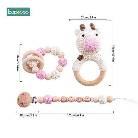 Cow Set 4 Bopobo детский Прорезыватель для зубов из пищевого силикона, деревянная детская соска с цепочкой, детская кроватка, сделай сам, индивидуальная погремушка, пустышка, браслет, набор для прорезывания зубов - Цвет: Cow Set 4