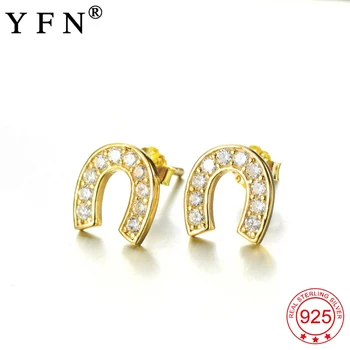 

YFN 925 Sterling Silver Stud Earring Gold Color Crystal Horse Stirrup Stud Earrings For Women Girl Gifts Wholesale Drop Shipping