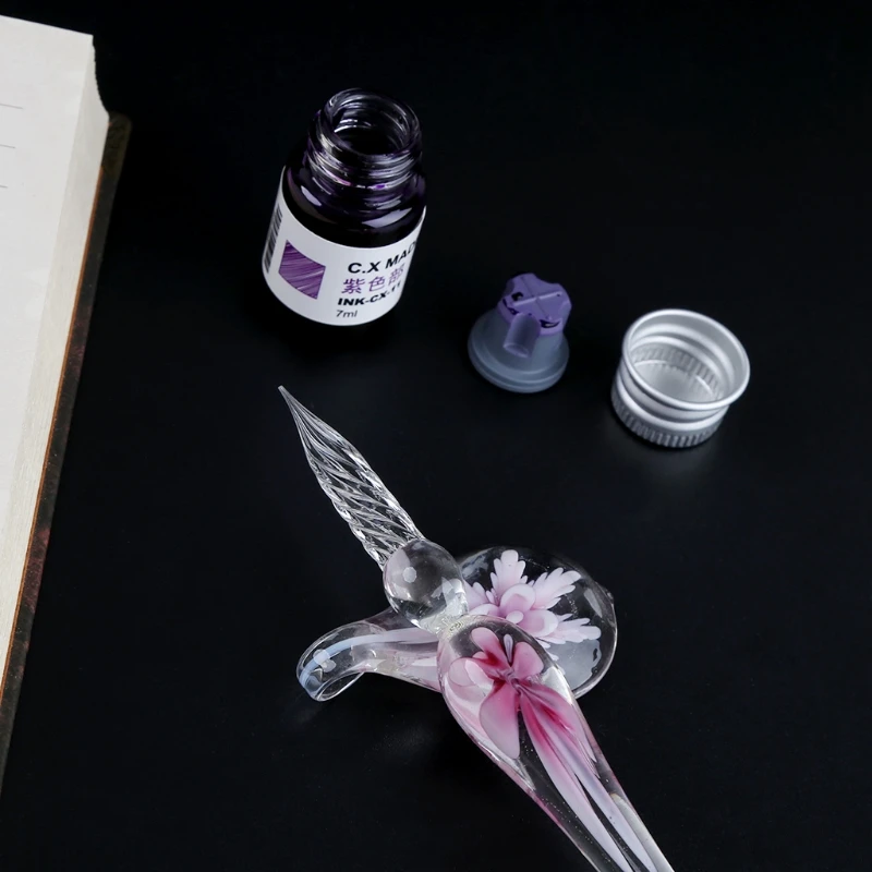 Calligraphy Handmade Glass Pen Crystal Penholder Vintage Ink Flower-Inside Q1O7 