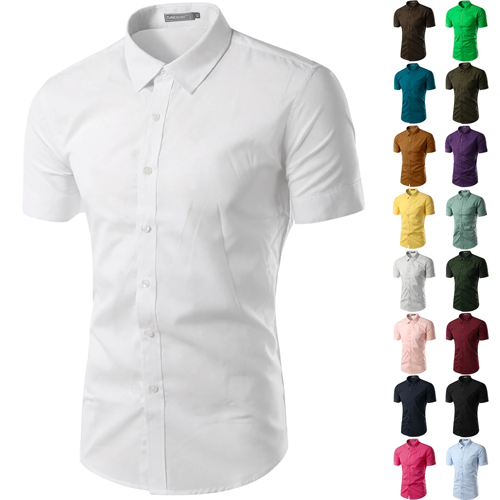 2018 New Summer Men's short Sleeve Shirt Slim Fit Camisa Social Masculina Chemise Homme Mens Solid Color Business Shirts 6537