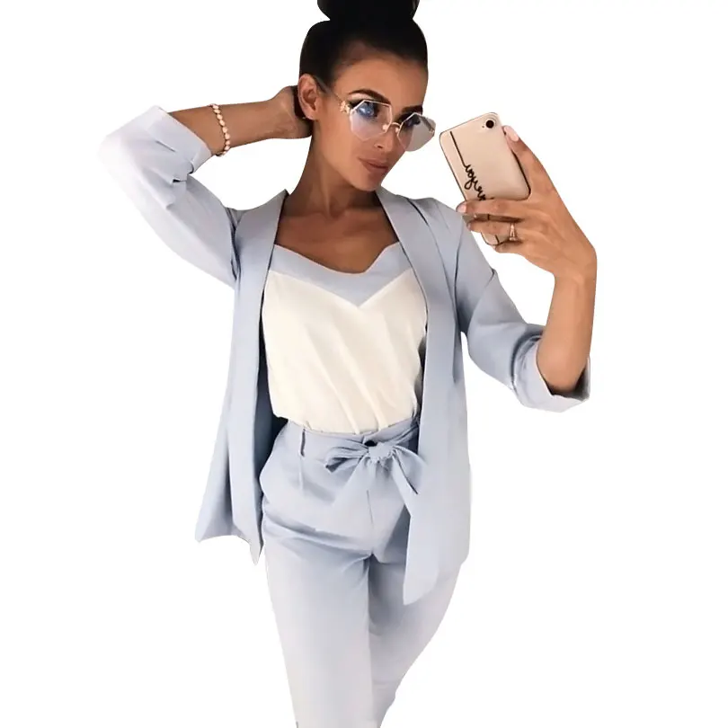 MVGIRLRU Women V Neck 3 Piece Suit Lace Up Waisted Slim Bracelet Sleeve Blazer with Strap Vest & Trouser Set Female Pant Suits