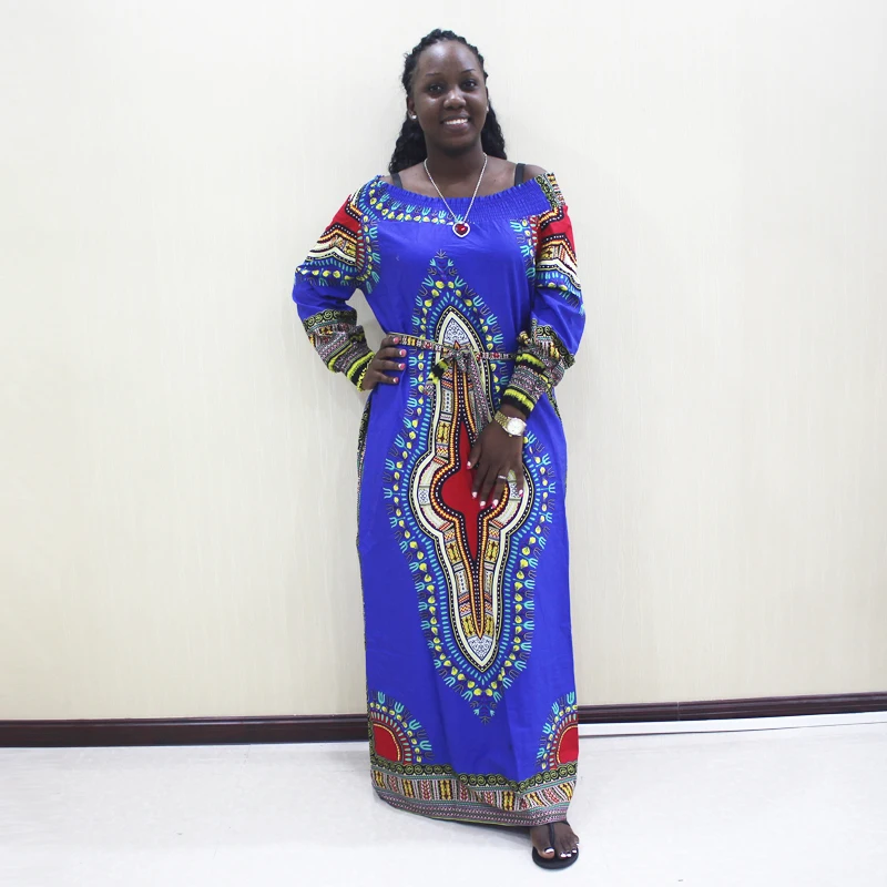 Модное платье в африканском стиле с открытыми плечами и длинными рукавами, синее хлопковое длинное платье с принтом