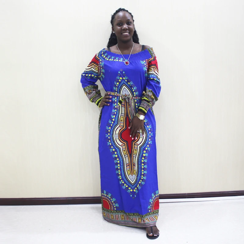 

2019 Fashion African Dashiki Off Shoulder Long Sleeve Blue Cotton Print Long Dress