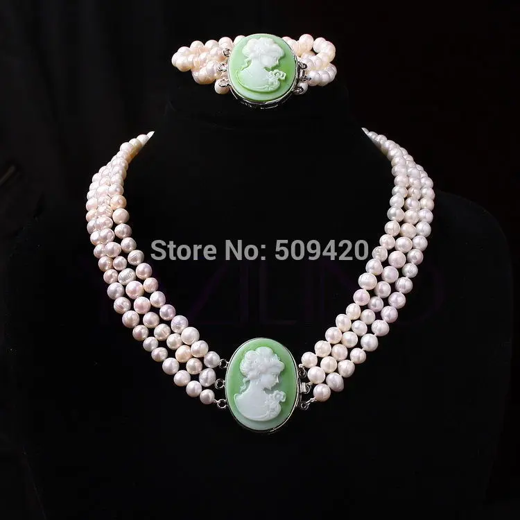 

G@W Fast shipping + >>>>women handmade carved queen portrait pendant fresh water 9mm pearls necklace set (A0516)