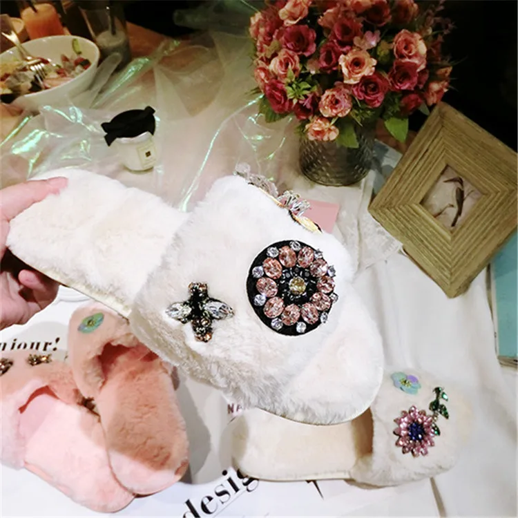Women Indoor Slippers Shoes Flower Bee Rhinestone White Crystal Shoes Princess Ladies Autumn Winter Warm Plush Slippers M8G15 (6)